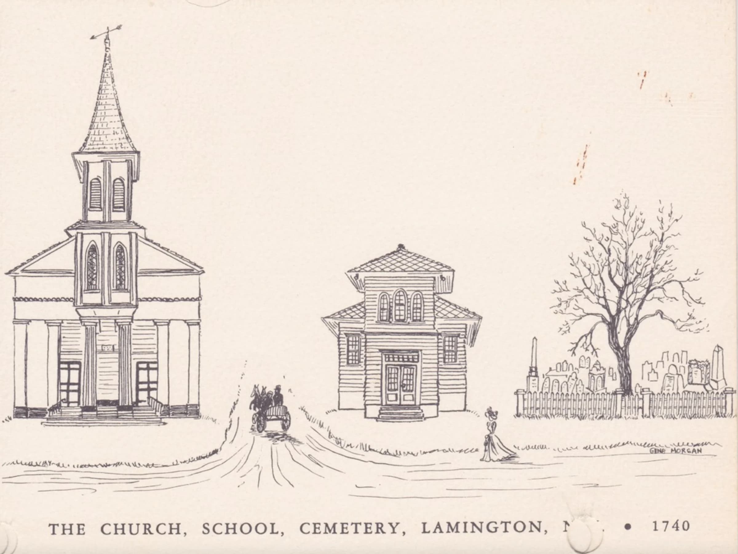Historic illustration of the Lamington church and school